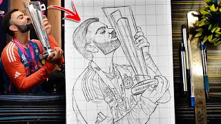 Virat Kohli drawing with T20 Champions trophy 🏆🇮🇳 How to draw Virat Kohli Outline Tutorial [upl. by Ladiv]