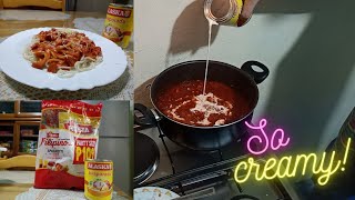 Creamy Spaghetti with Evaporated Milk  Pinoy Version [upl. by Ahsieyk194]