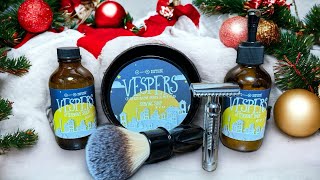 Fine Accoutrements DE5 Razor shaving with Vespers by Barrister and Mann Full Review [upl. by Laeahcim]