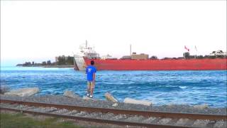 Three lake freighters under the Blue Water Bridge Port Huron Michigan [upl. by Aeneus]