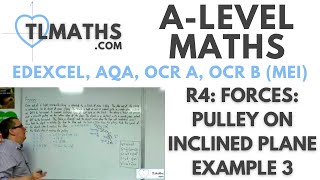 ALevel Maths R422 Forces Pulley on Inclined Plane Example 3 [upl. by Trygve]