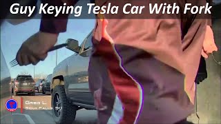 Guy Keying Tesla Car With Fork Caught on Tesla Sentry Mode  Teslcam Live [upl. by Eimar]