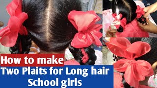 School girls ribbons hair style  how to make Two Plaits for School girls with Ribbons [upl. by Yroc]