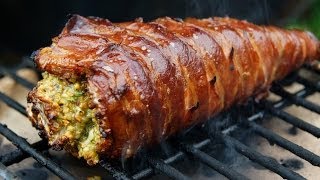 Pork Tenderloin wrapped in bacon and stuffed with pistachio tapenade [upl. by Alyehc]