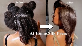 HOW TO SILK PRESS YOUR NATURAL HAIR AT HOME  FROM CURLY TO SILKY STRAIGHT [upl. by Ailemac]