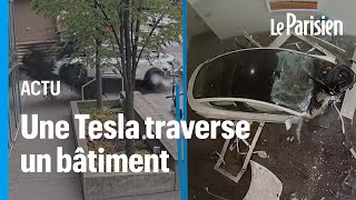 ÉtatsUnis  une Tesla se crashe à plus de 110 kmh et traverse un bâtiment [upl. by Ita699]