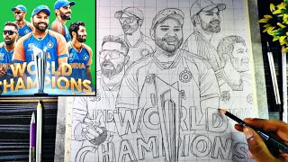 T20 Champions Team india Drawing  Rohit ViratBumrah Hardik  Surya Kumar Yadav Drawing Outline [upl. by Arliene835]