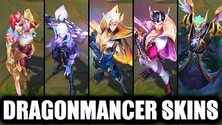 All New Dragonmancer 2023 Skins Spotlight Vayne Kassadin Fiora Rakan Prestige League of Legends [upl. by Olav]