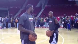 Ray Allen giving some tips to Lebron James on how to shoot pre game Beijing [upl. by Ardeha]