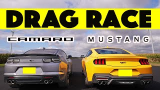 2024 Ford Mustang GT vs Chevy Camaro close but not close Drag and Roll Race [upl. by Haronid]