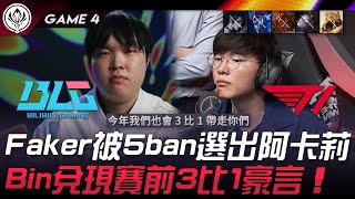 BLG vs T1 Faker被5ban選出阿卡莉！Bin兌現賽前3比1豪言！Game 4  2024 MSI季中邀請賽 [upl. by Felic548]