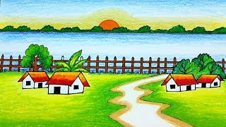 Beautiful landscape village scenery drawing  Simple nature drawing for competition  Sunset drawing [upl. by Hadrian]