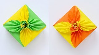 WOW Beautiful Paper GIFT BOX WITH LEAVES AND ROSE  Origami Idea for birthday  Tutorial DIY [upl. by Hamo]