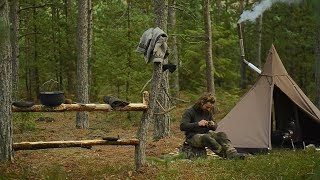 3 days solo bushcraft  stove canvas lavvu table and spoon making [upl. by Iaka]