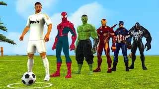 SpiderMan with challenge your soccer skills vs ronaldo vs messi vs Hulk vs iron man  5 superhero [upl. by Erreip]