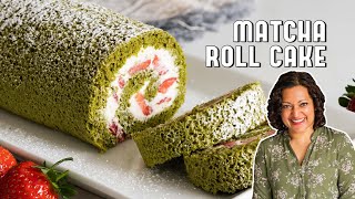 Matcha Roll Cake  With a Strawberries and Cream Filling [upl. by Cagle]