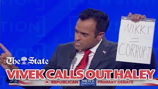 GOP Debate Vivek Ramaswamy Ron DeSantis Take Shots At Nikki Haley Over Corporate Donors [upl. by Onaireves]