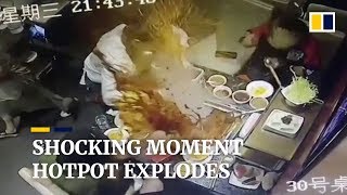 Hotpot explodes when waitress tries to take lighter out in China [upl. by Bywoods]