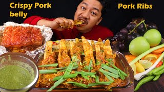 Cooking Crispy pork Pork ribs gravy Nepali style mukbang [upl. by Enaz252]