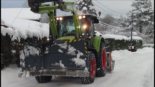 Snømåking med Claas 530 Arion med Drivex vikeplog og Westbjørn fres [upl. by Oralla]