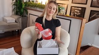 Catie Unboxes Red 6 Inch High Heel Mule Platform Shoes With Rhinestone Butterfly Bow Strap [upl. by Noremak]