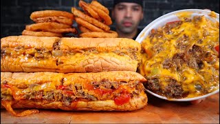 ASMR CHEESY PHILLY CHEESESTEAK PHILLY CHEESESTEAK POUTINE AND ONION RINGS MUKBANG [upl. by Duck]