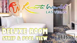 Resort World Casino Las Vegas Hilton Deluxe Strip amp Pool View Double Queen Room Tour Walkthrough [upl. by Thirzi]