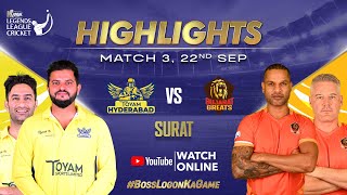 Dhawan vs Raina  Highlights Match 3  Gujarat Greats vs Toyam Hyderabad  Legends League Cricket [upl. by Filahk]