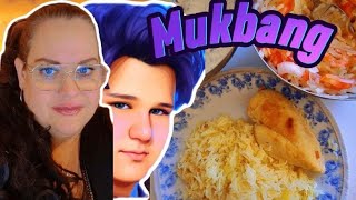 Mukbang  kyckling med ris i ugnen med kall sås tomat och lök sallad [upl. by Okire]