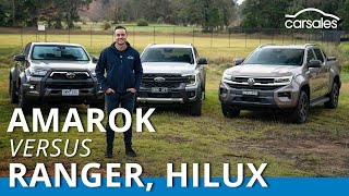 2023 Ford Ranger v Toyota HiLux v Volkswagen Amarok Comparison  Best DualCab 4x4 Ute faces rivals [upl. by Nyrrat]