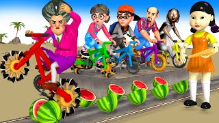 Scary Teacher 3D vs Squid Game Bicycle Wheel Saw Cutting Watermelon Nice or Error 5 Times Challenge [upl. by Leinahtam929]