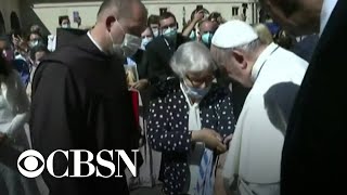 Pope Francis kisses tattoo on concentration camp survivors arm during Vatican visit [upl. by Haberman342]