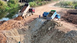 Starting New Project SHANTUI SD13 Dozer Pushing Stone amp Dump5Ton Truck Unloading Stone Making Road [upl. by Shere403]