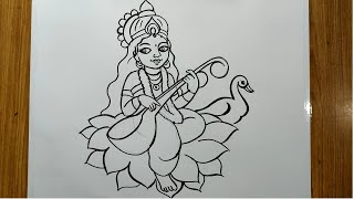 how to cdraw saraswati devimaa saraswati ful figer drawingline art maa saraswati devi step by step [upl. by Zebapda]