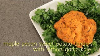 Maple Pecan Sweet Potato Burgers with Lemon Garlic Kale Recipe by Brooklyn Cooking [upl. by Leaper]