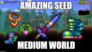 Terraria 1449 Amazing Seed Medium World  All Terraspark Boot Items And Enchanted Swords [upl. by Nwahsir493]