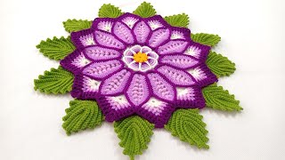 Como tejer la FLOR N° 49 con hojas a crochet paso a paso para centros caminos de mesa y tapetes [upl. by Bonnee]