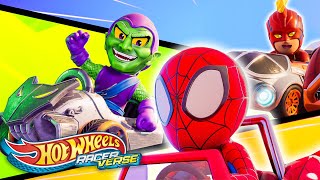 SpiderMan Car and Captain Marvel Car Race vs Green Goblin Car  Hot Wheels RacerVerse [upl. by Molini]