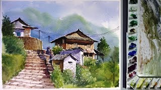 Watercolor Landscape Painting  Ghandruk village [upl. by Tresa]