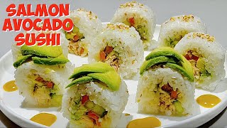 SUSHI  HOW TO MAKE SUSHI WITHOUT NORI  SALMON AND AVOCADO SUSHI  HOMEMADE SUSHI  RICE THEME 202 [upl. by Amihsat]