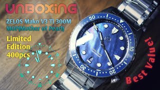 Unboxing ZELOS Mako V3 Titanium 300M MOP Watch  Special Dial  Light Weight [upl. by Lyckman]