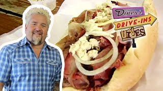 Guy Fieri Eats Pit Beef in Baltimore  Diners DriveIns and Dives  Food Network [upl. by Nayrda853]