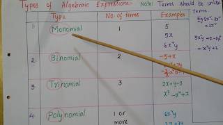 Types of Algebraic expressions Monomialbinomialtrinomial and polynomial [upl. by Ragland730]