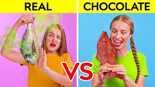 REAL FOOD VS CHOCOLATE FOOD CHALLENGE  Funny Prank Wars by 123 GO Challenge [upl. by Kuehn434]