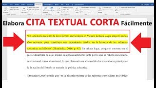 CÓMO HACER UNA CITA TEXTUAL CORTA  MUESTRO EJEMPLO  NORMAS APA [upl. by Dicky491]