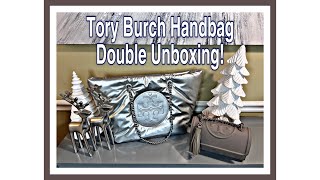 DOUBLE UNBOXING TORY BURCH ELLA METALLIC CHAIN SOFT TOTE BAG amp FLEMING CONVERTIBLE SHOULDER BAG [upl. by Nylatsyrc965]