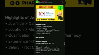 TCS Walkin Drive For B Pharma M Pharma Freshers  Pharmacovigilance Freshers Job  PV Freshers Job [upl. by Rachaba507]