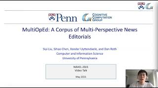 NAACL 2021 presentation MultiOpEd A Corpus of MultiPerspective News Editorials [upl. by Yatnahs]