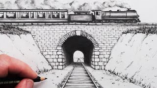 How to Draw using 1Point Perspective Train Track and Tunnel [upl. by Nauwtna]