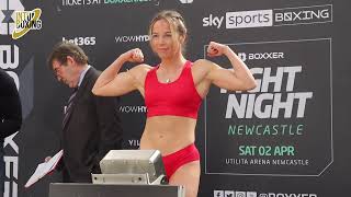 RICKY HATTON FIGHTER CHLOE WATSON FACES OFF WITH GEMMA RUEGG AT THE WEIGH IN [upl. by Stagg]